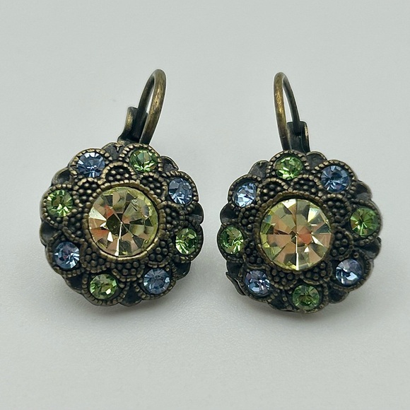 Green and Blue Crystal Studded Oxidized Gold Tone Drop Earrings - Picture 3 of 9